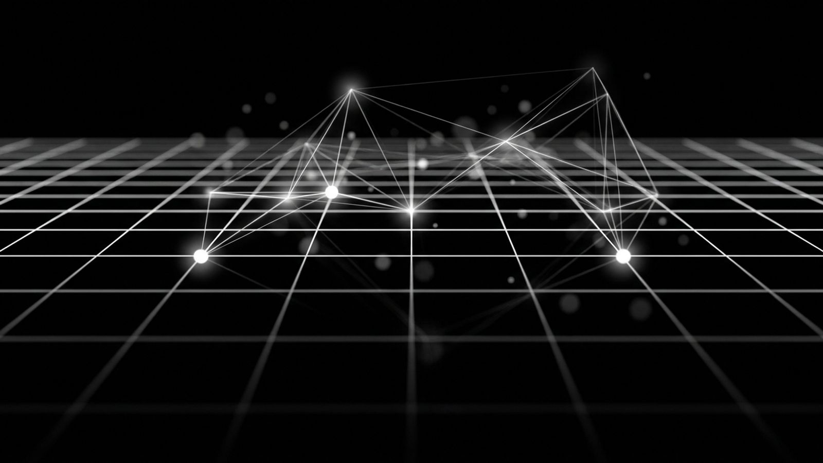 Sparse perspective grid with glowing mesh nodes — Auviel mesh cover