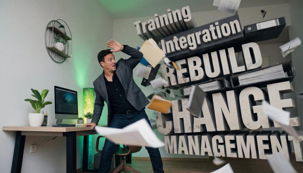 Training, integration, rebuild, and change management demands crashing into a business leader at his desk