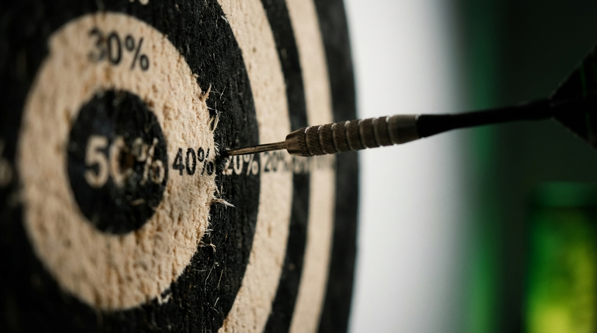 Dartboard with percentage rings and a dart landing at the 20% mark