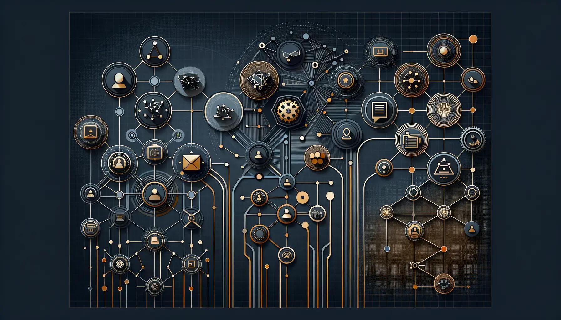 Automated workflow pipeline connecting marketing, sales, and support departments through AI