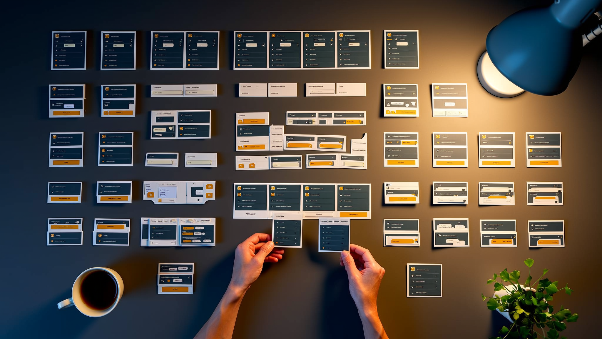Overhead view of hands assembling UI component cards into an interface layout on dark desk