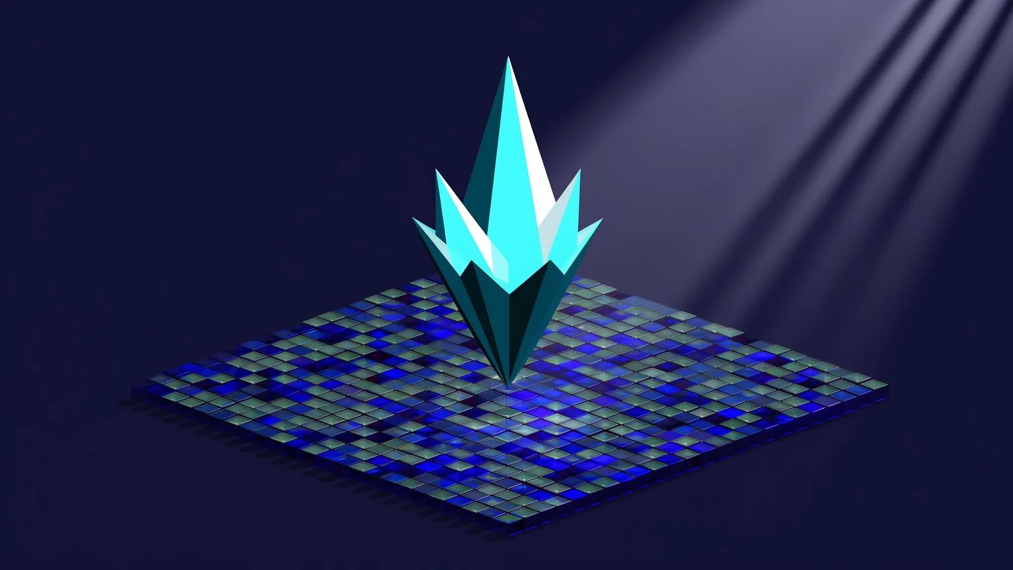 Single crystalline structure rising above a field of identical cubes representing differentiation from commodity sameness