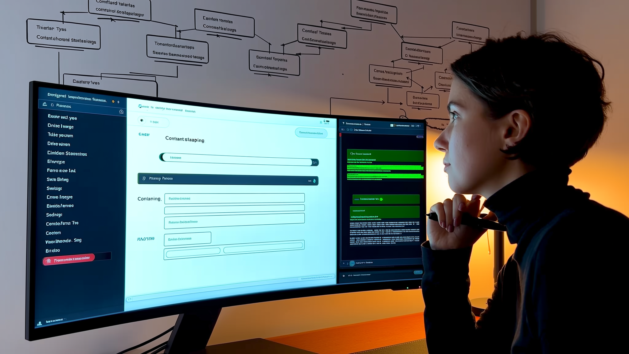 Content strategist studying headless CMS interface with content model diagrams on whiteboard behind
