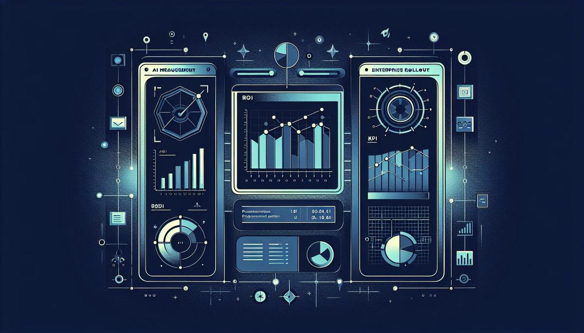 Dashboard showing AI success metrics including adoption rates, productivity gains, and ROI measurements