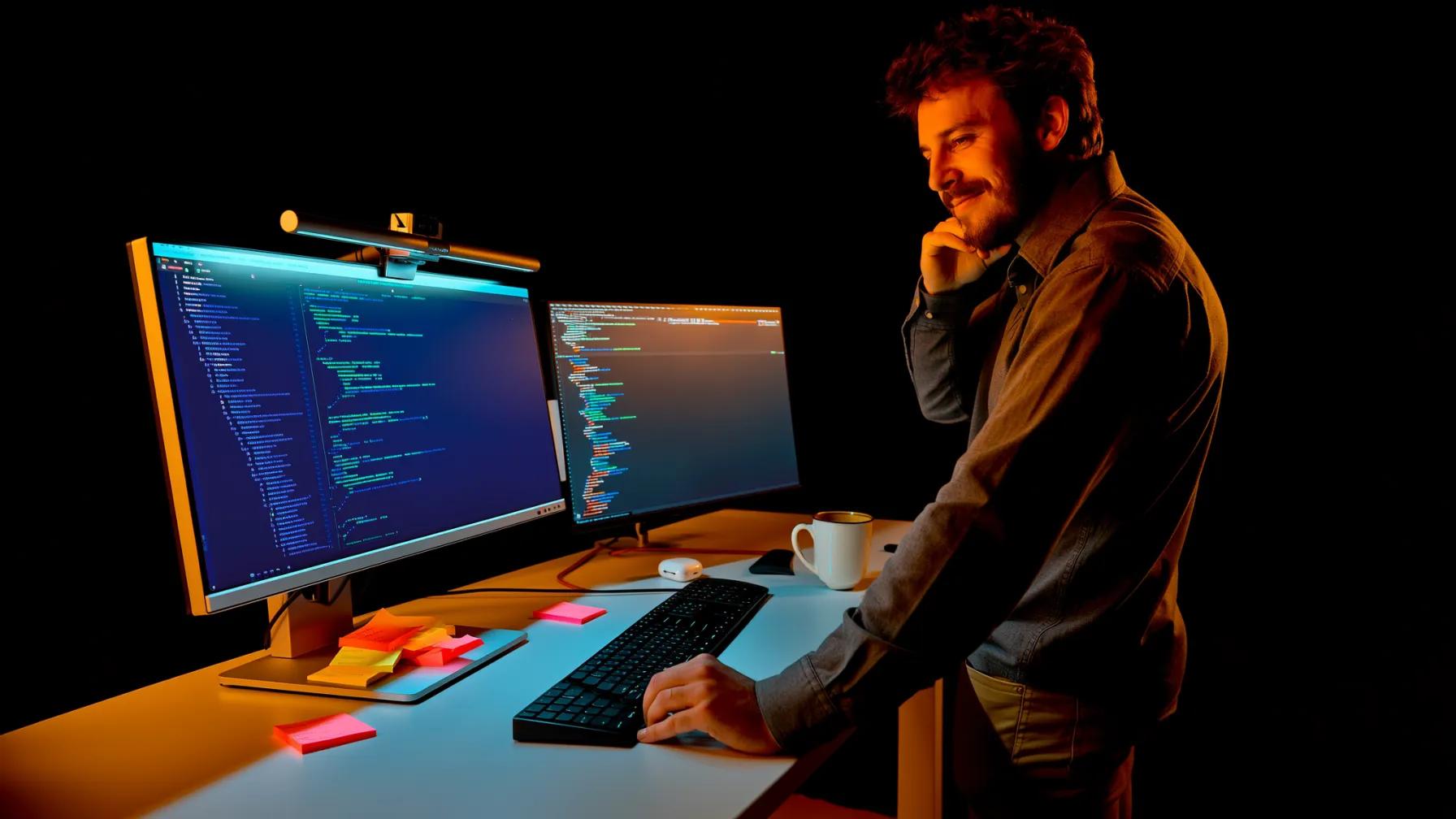 Developer workspace with AI coding assistant suggesting completions alongside human review