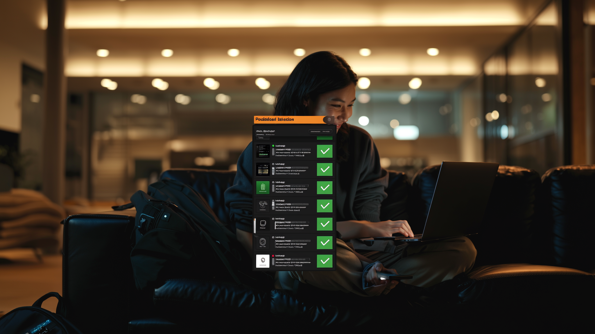 Developer on leather couch reviewing deployment dashboard on laptop with satisfied expression