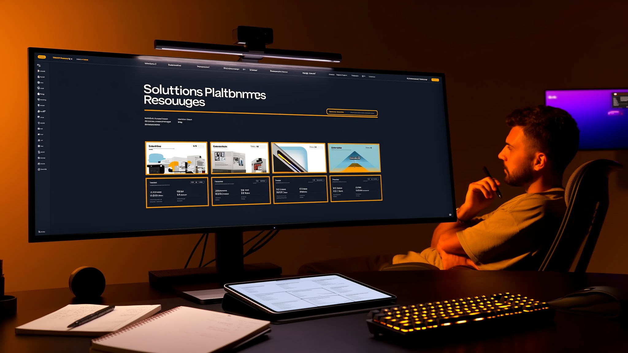 Designer studying enterprise website layout on ultrawide monitor in moody amber-lit studio at dusk