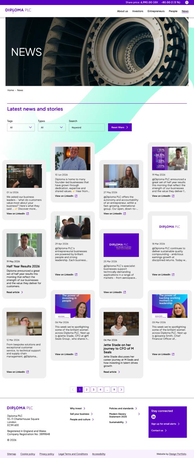 Screenshot of the website's news page