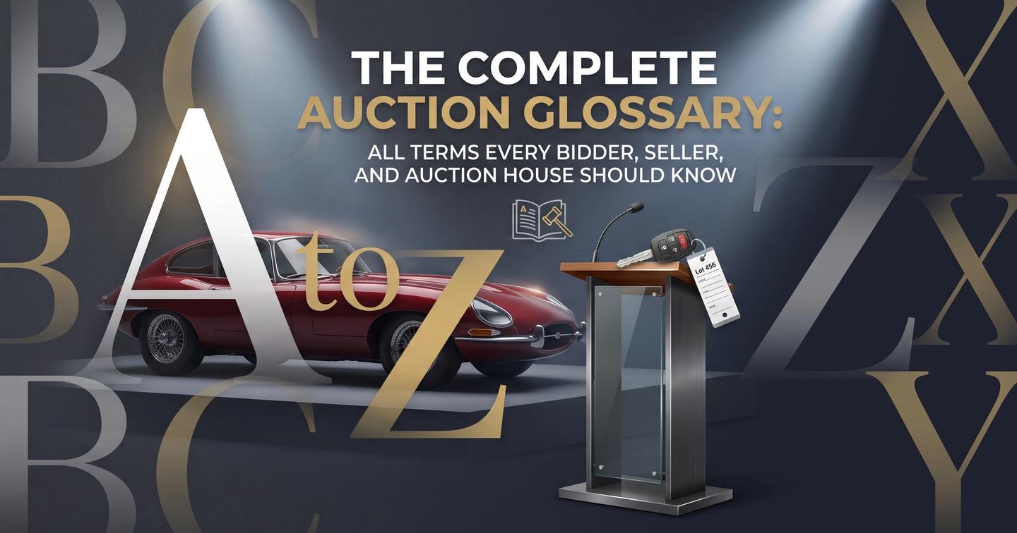 "The Complete Auction Glossary: A to Z" cover graphic showing a classic red convertible car and an auction podium with a microphone, car key, and lot tag, set against a spotlighted background with large decorative letters from A to Z.