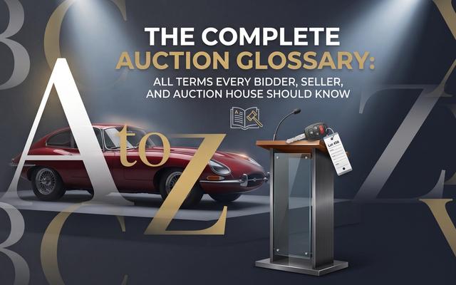 "The Complete Auction Glossary: A to Z" cover graphic showing a classic red convertible car and an auction podium with a microphone, car key, and lot tag, set against a spotlighted background with large decorative letters from A to Z.
