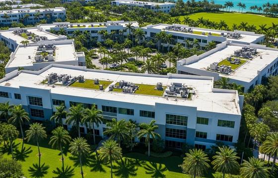 Commercial roof asset management in South Florida – modern buildings with flat roofing systems.