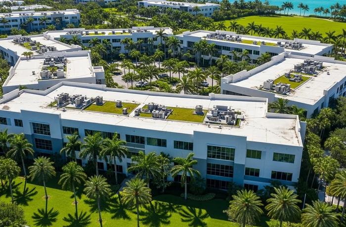 Commercial roof asset management in South Florida – modern buildings with flat roofing systems.