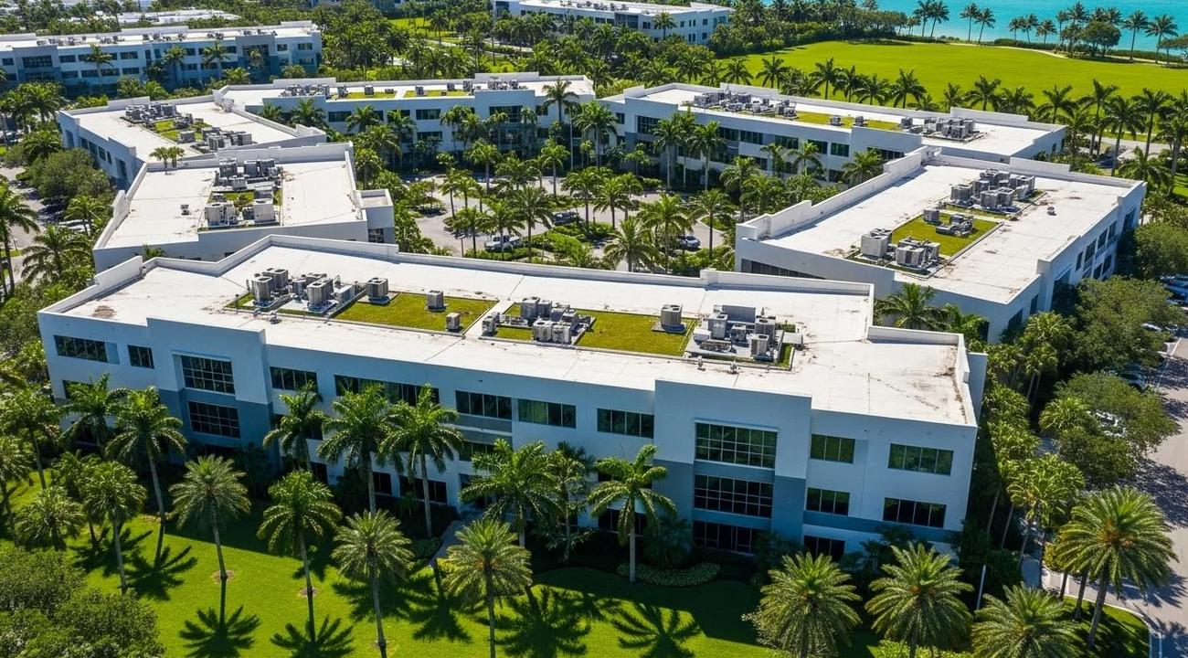 Commercial roof asset management in South Florida – modern buildings with flat roofing systems.