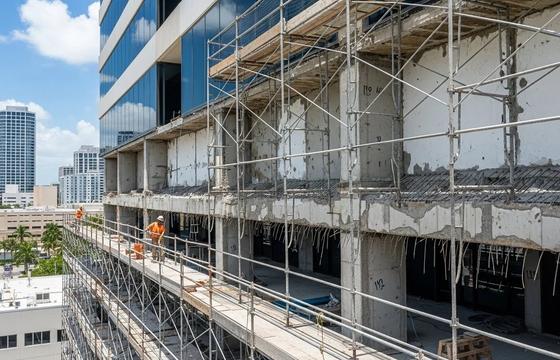 Concrete restoration work on a commercial building in South Florida with exposed rebar and structural repair.
