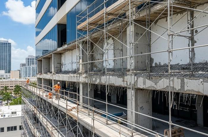 Concrete restoration work on a commercial building in South Florida with exposed rebar and structural repair.