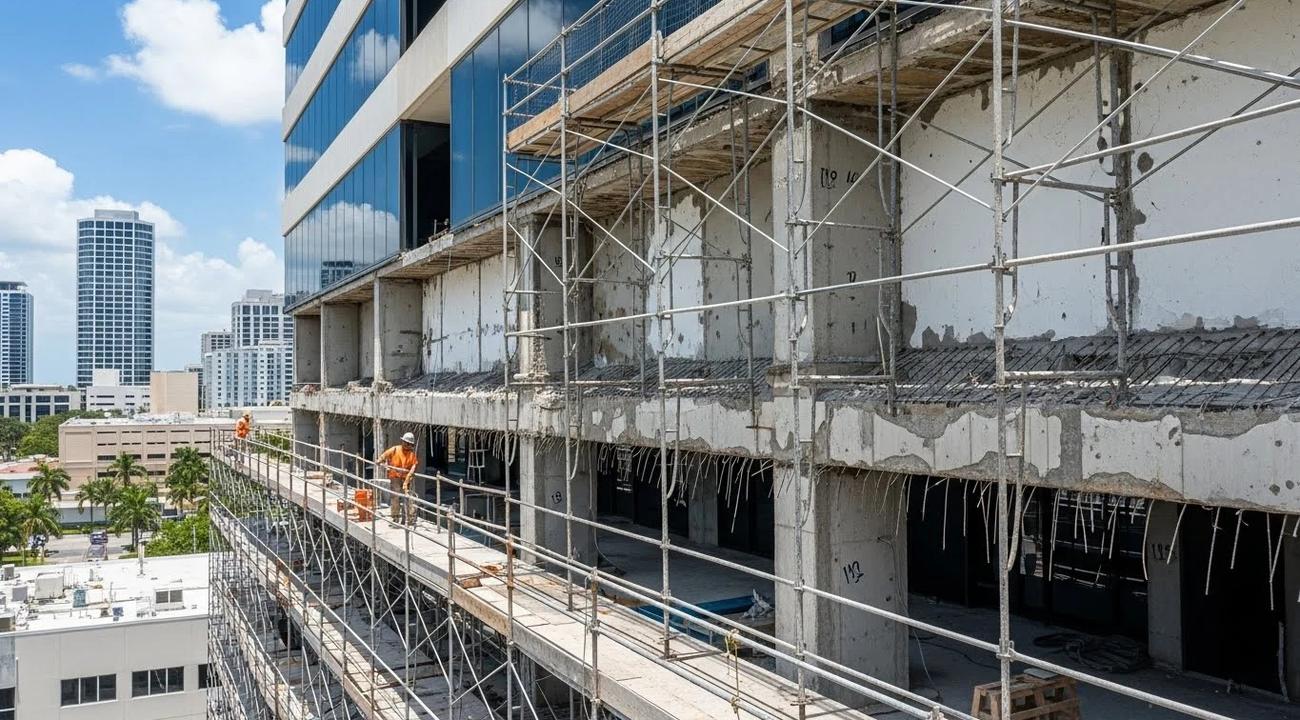 Concrete restoration work on a commercial building in South Florida with exposed rebar and structural repair.