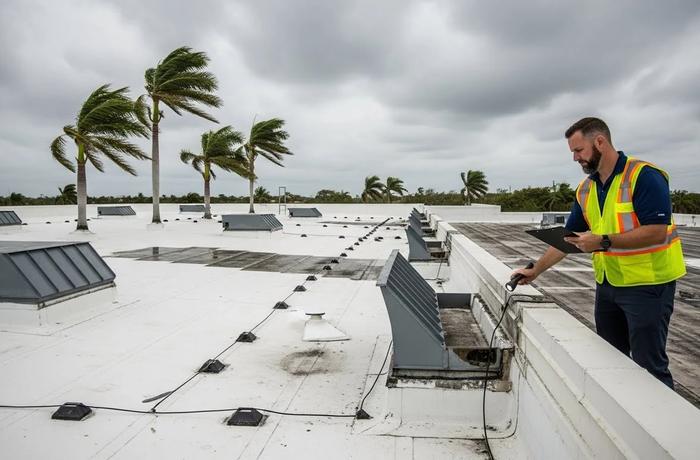 Hurricane-season commercial property inspection in South Florida with roof and structural evaluation.
