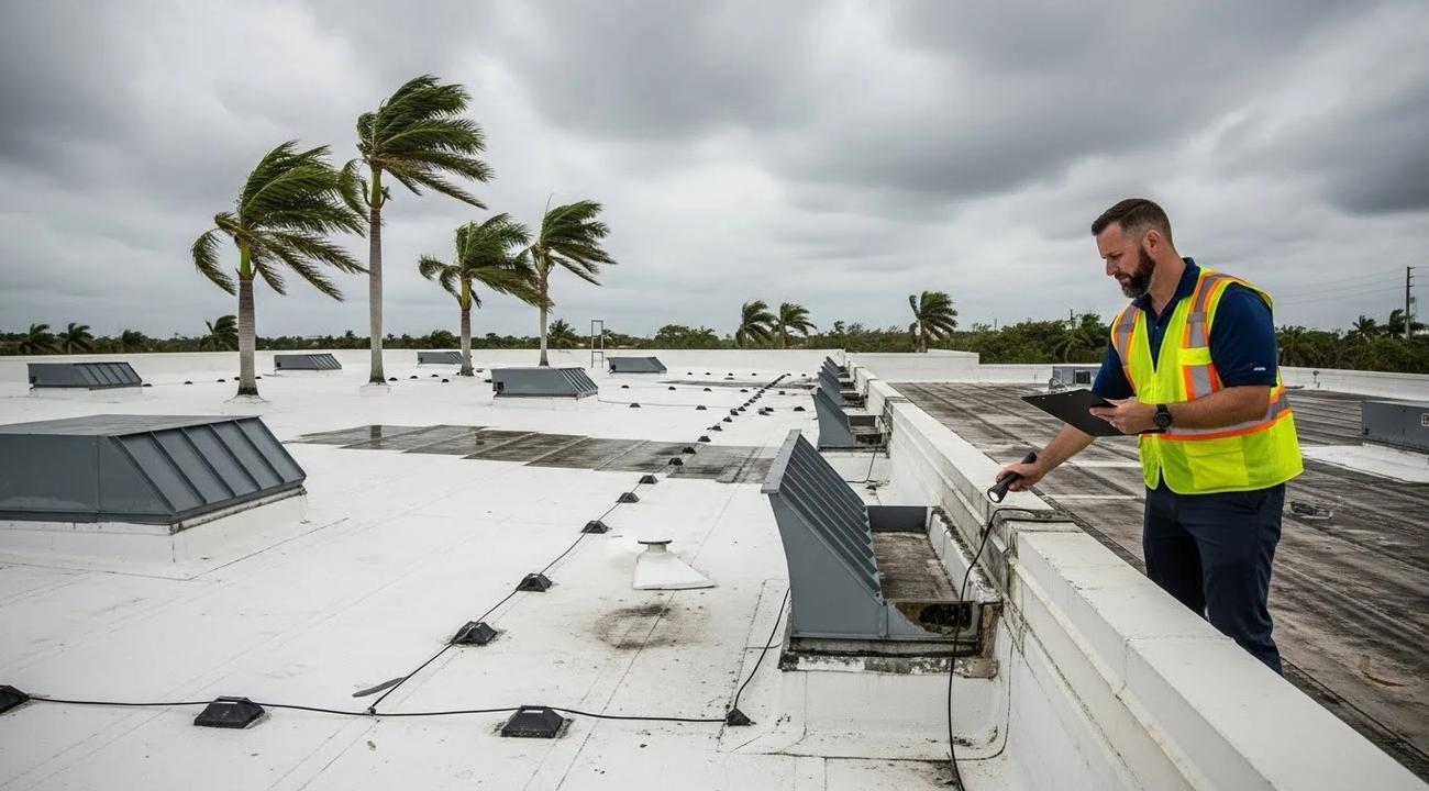 Hurricane-season commercial property inspection in South Florida with roof and structural evaluation.