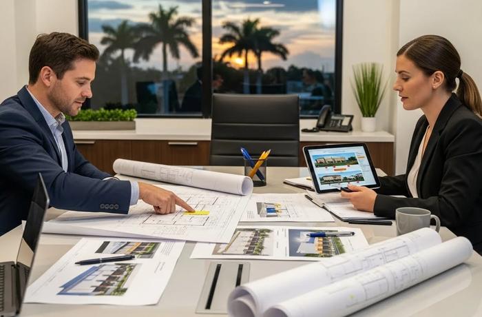 Property manager meeting with a commercial contractor to evaluate multi-building portfolio services in South Florida.