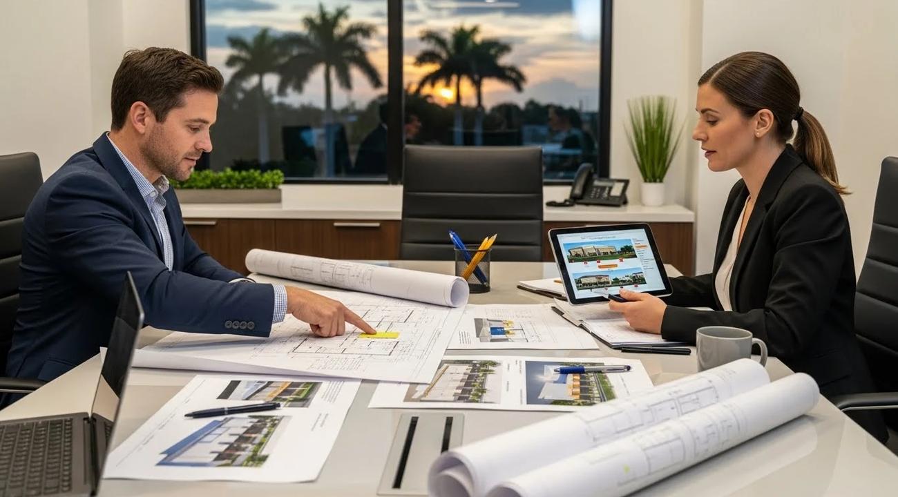 Property manager meeting with a commercial contractor to evaluate multi-building portfolio services in South Florida.