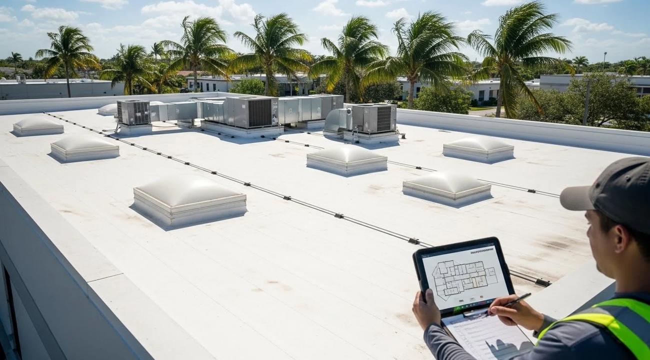 Commercial roof asset management inspection on a South Florida commercial building.