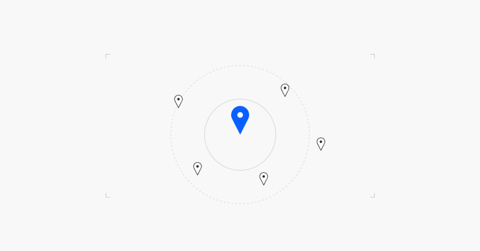 Abstrakte helle Grafik mit einem blauen Kartenpin zwischen mehreren grauen Pins