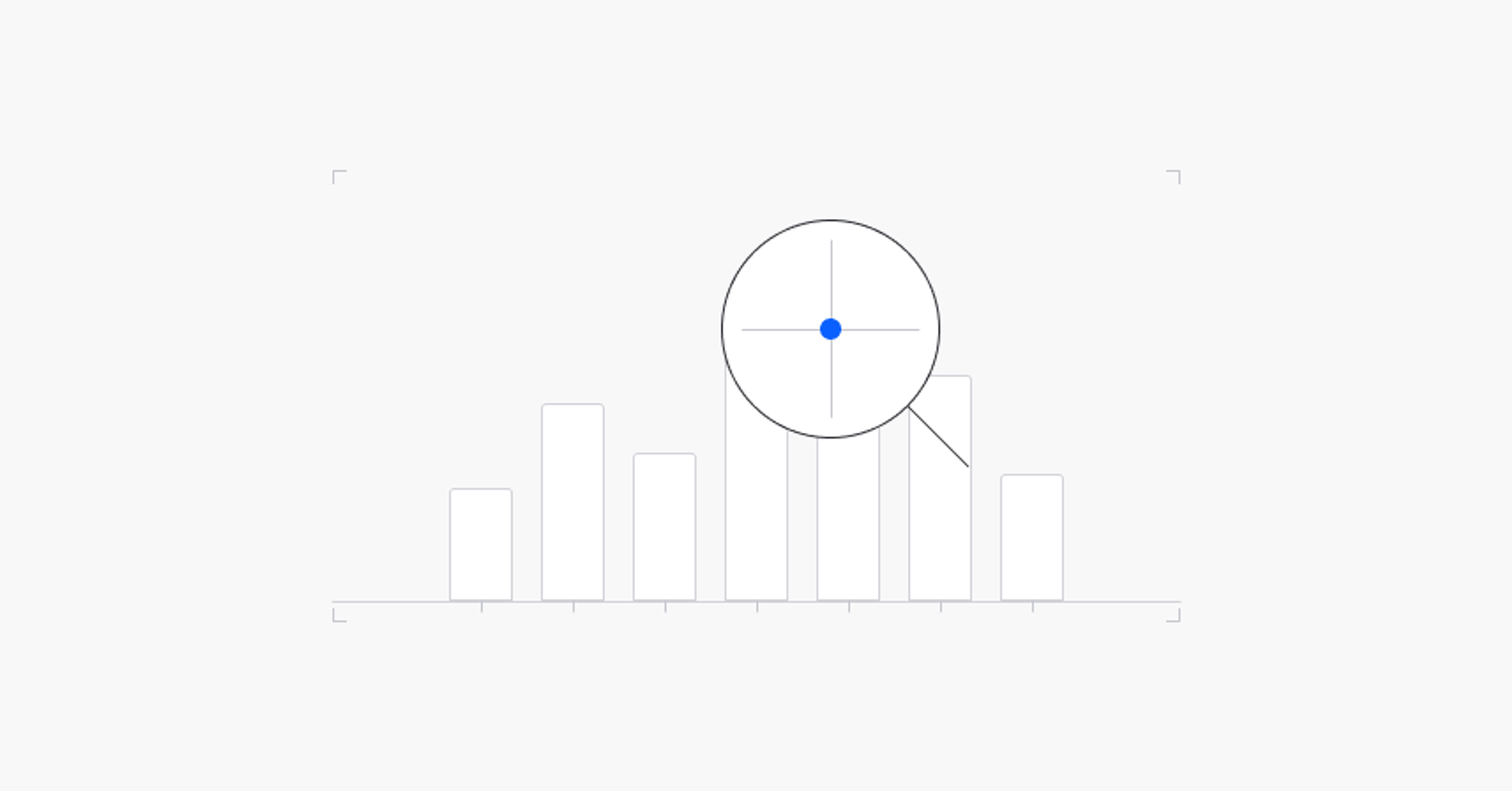 Abstract light graphic of a magnifier over a row of bars with one blue finding