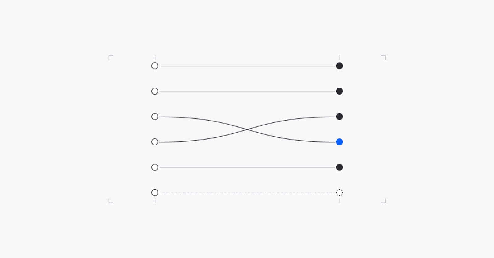 Abstrakte helle Grafik: eine Reihe grauer Punkte links geht in eine gleiche Reihe blauer Punkte rechts über