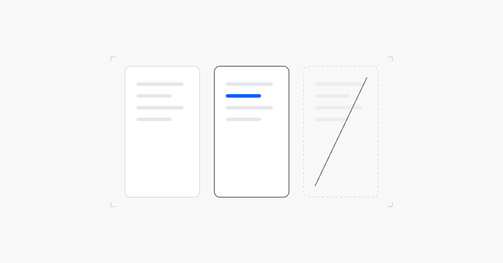 Abstrakte helle Grafik mit drei senkrechten Balken, einer grau behalten, einer umrandet, einer blau durchgestrichen
