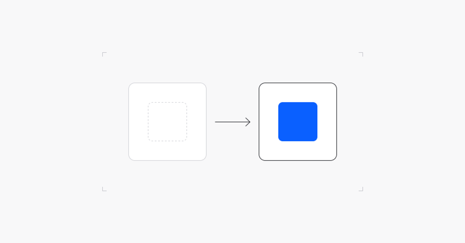 Abstract light graphic of two squares joined by an arrow, the right one in blue