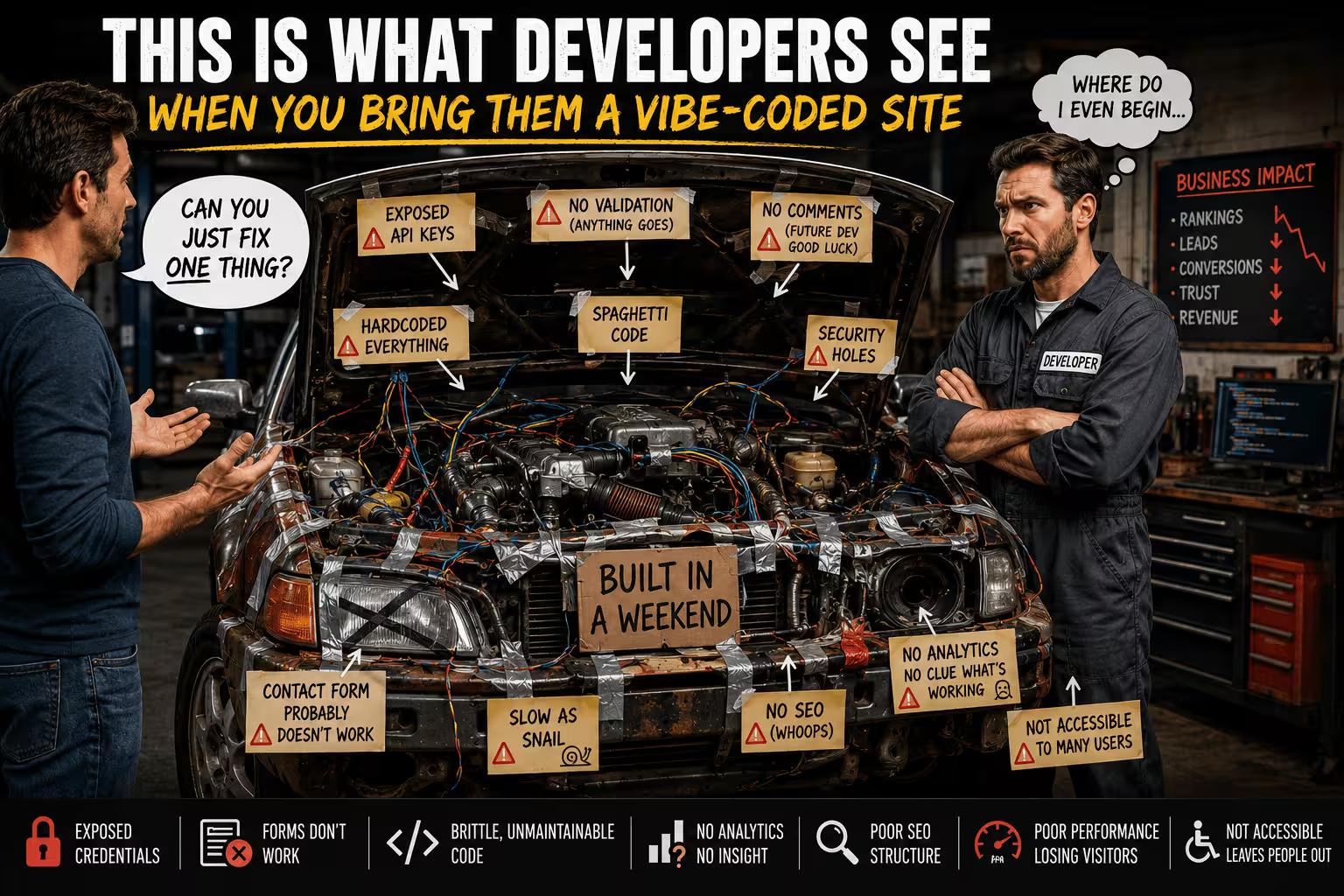 A frustrated developer stands beside a car held together with duct tape, exposed wires, and handwritten warning signs while a customer asks, "Can you just fix one thing?" The car symbolizes a poorly built AI-generated website, with labels highlighting common problems such as exposed API keys, broken forms, poor SEO, security holes, accessibility failures, and spaghetti code.