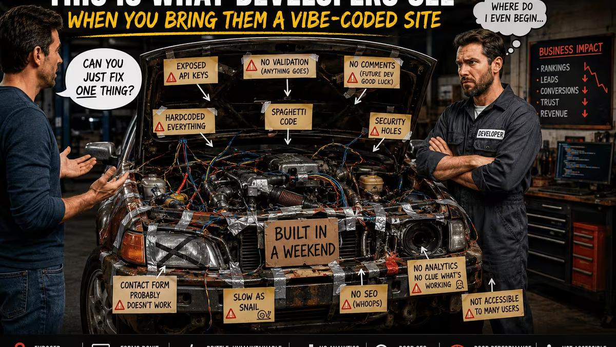 A frustrated developer stands beside a car held together with duct tape, exposed wires, and handwritten warning signs while a customer asks, "Can you just fix one thing?" The car symbolizes a poorly built AI-generated website, with labels highlighting common problems such as exposed API keys, broken forms, poor SEO, security holes, accessibility failures, and spaghetti code.