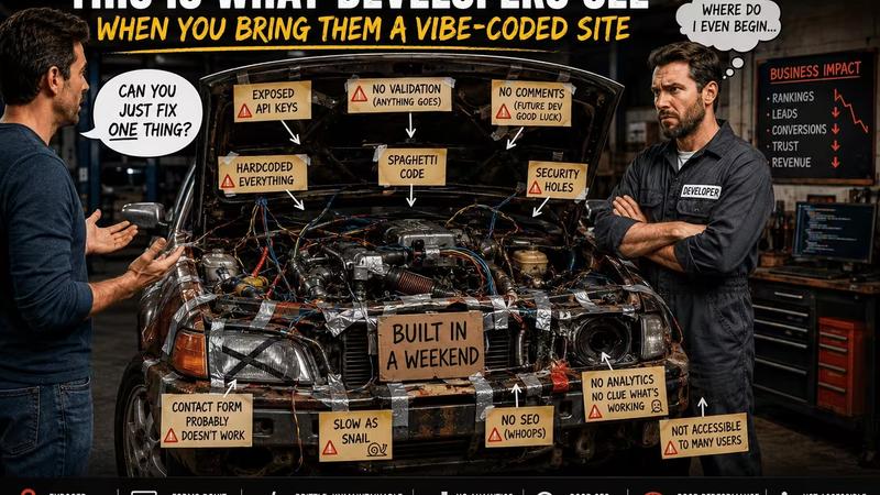 A frustrated developer stands beside a car held together with duct tape, exposed wires, and handwritten warning signs while a customer asks, "Can you just fix one thing?" The car symbolizes a poorly built AI-generated website, with labels highlighting common problems such as exposed API keys, broken forms, poor SEO, security holes, accessibility failures, and spaghetti code.