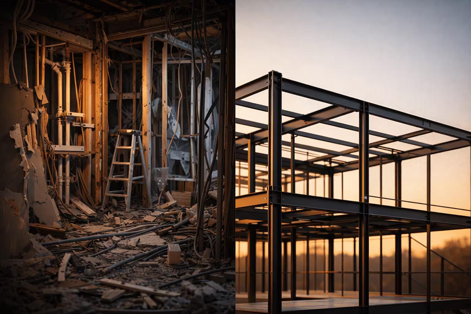 Split image comparing a cluttered construction site with tangled wiring to a clean modern steel building framework at golden hour