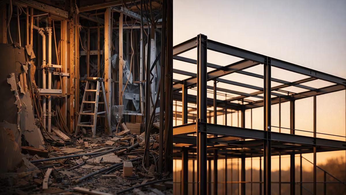 Split image comparing a cluttered construction site with tangled wiring to a clean modern steel building framework at golden hour