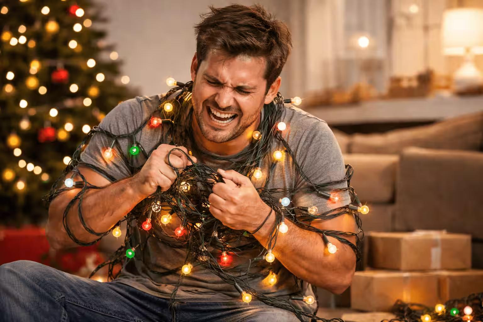 Frustrated man tangled in a mess of Christmas lights