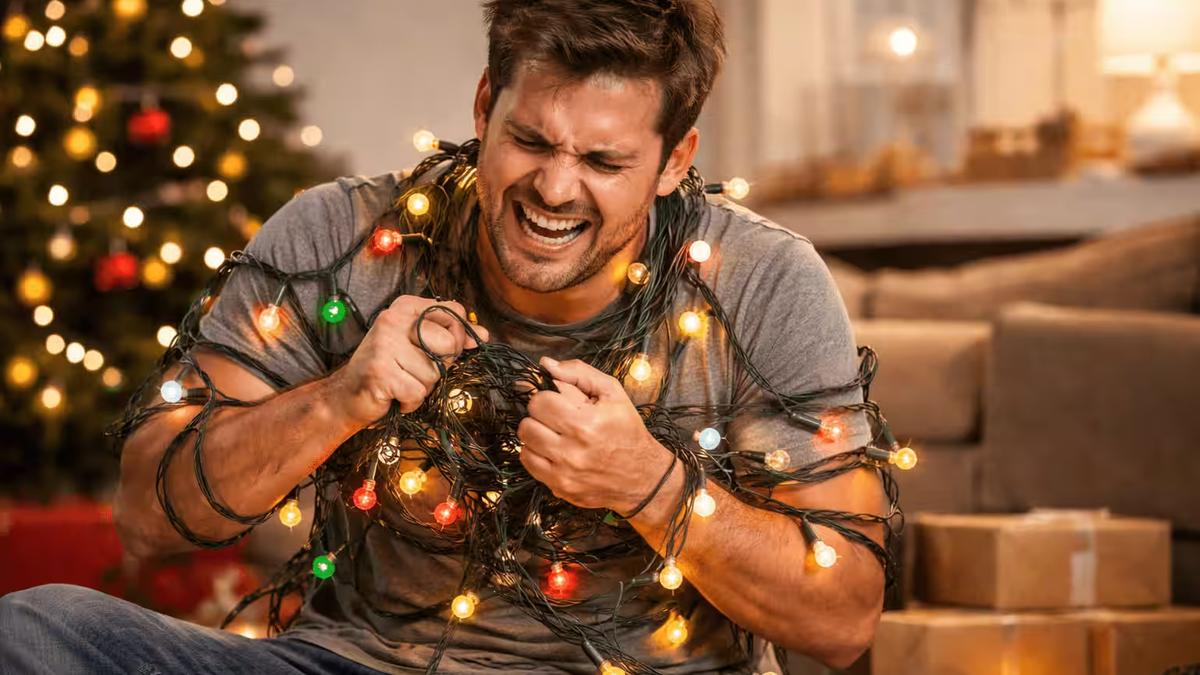 Frustrated man tangled in a mess of Christmas lights