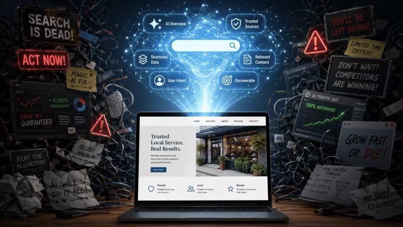 A clean small business website on a laptop sends a bright signal into an AI search cloud while chaotic marketing hype, warning signs, fake dashboards, and tangled wires surround it.