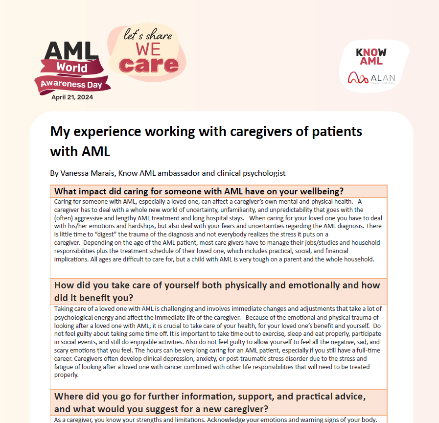 Working with caregivers of patients with AML — By Vanessa Marais