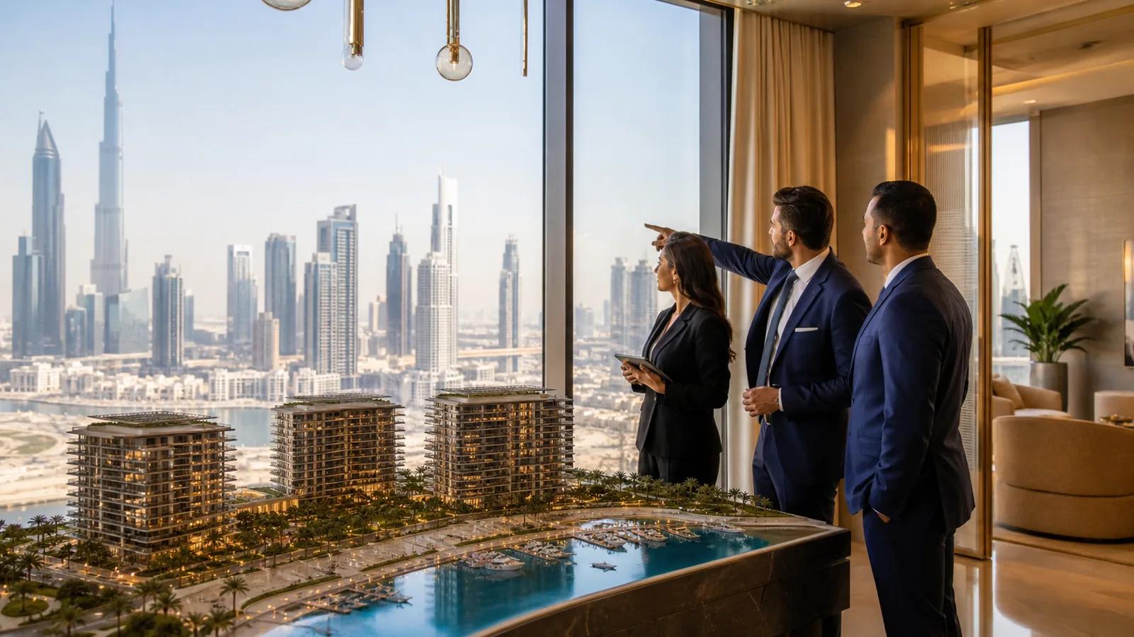 Équipe d'une agence immobilière devant des immeubles modernes à Dubaï