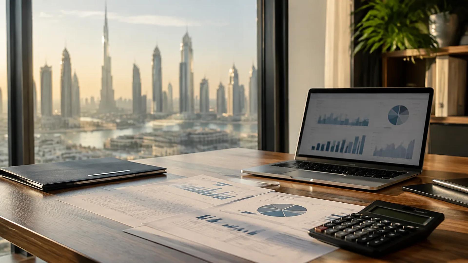 Documents comptables, calculatrice et ordinateur dans un bureau avec vue sur Dubaï