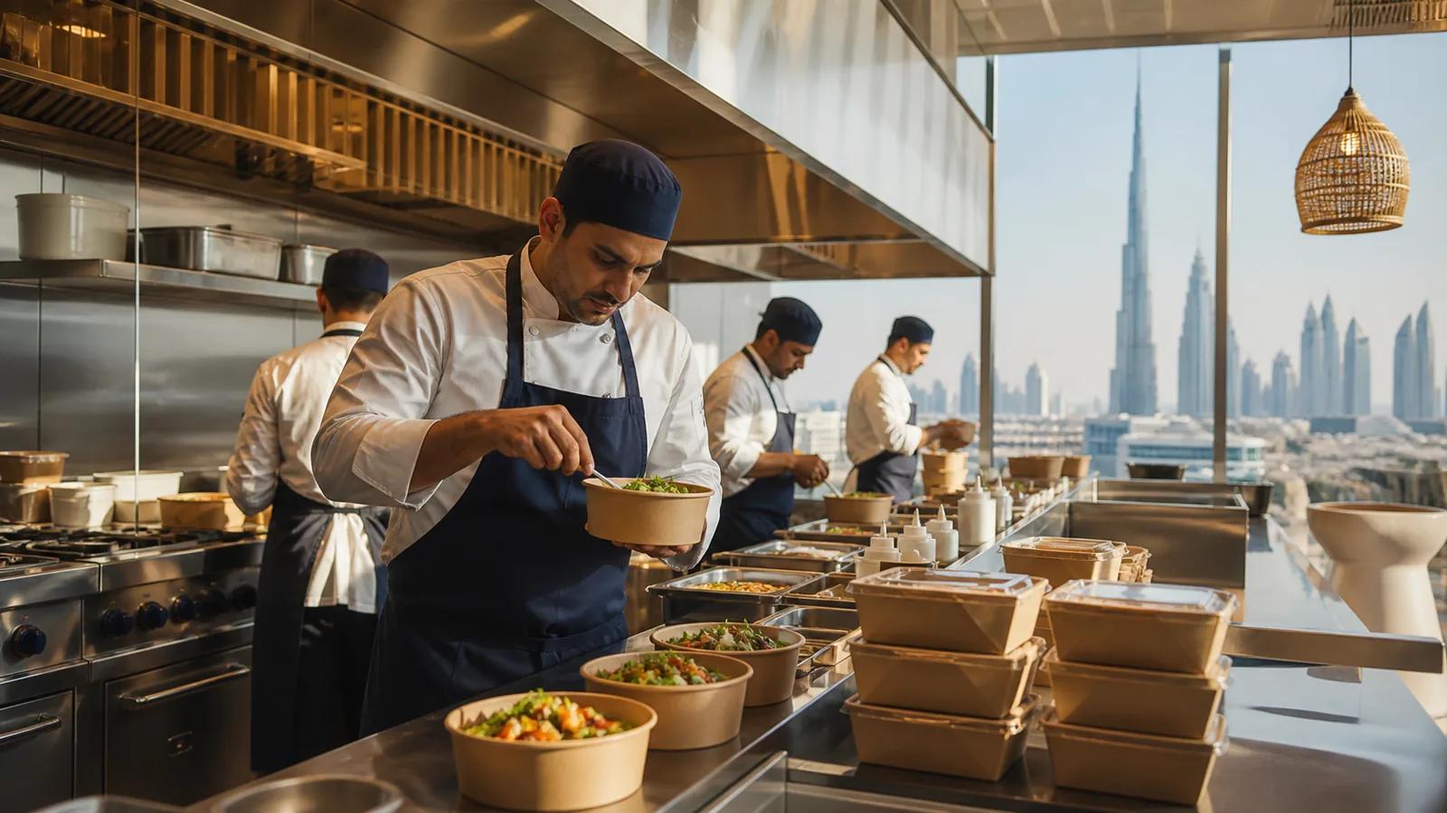 Équipe préparant des commandes dans une cloud kitchen professionnelle à Dubaï