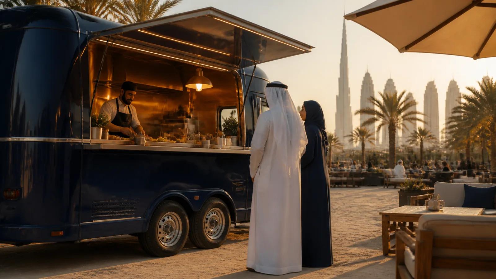 Food truck aménagé servant des clients dans un espace extérieur à Dubaï