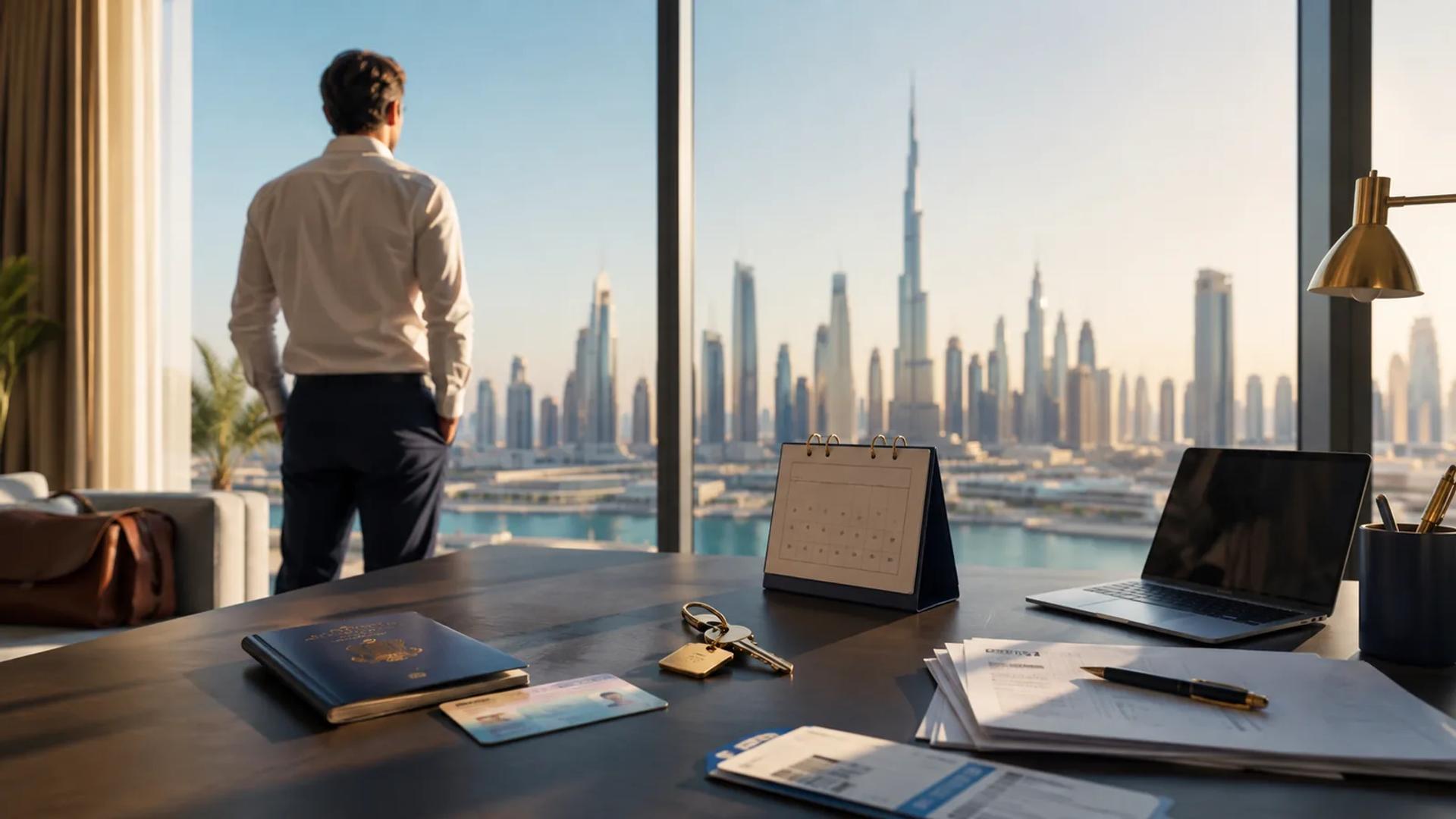 Entrepreneur préparant son installation fiscale dans un appartement avec vue sur Dubaï
