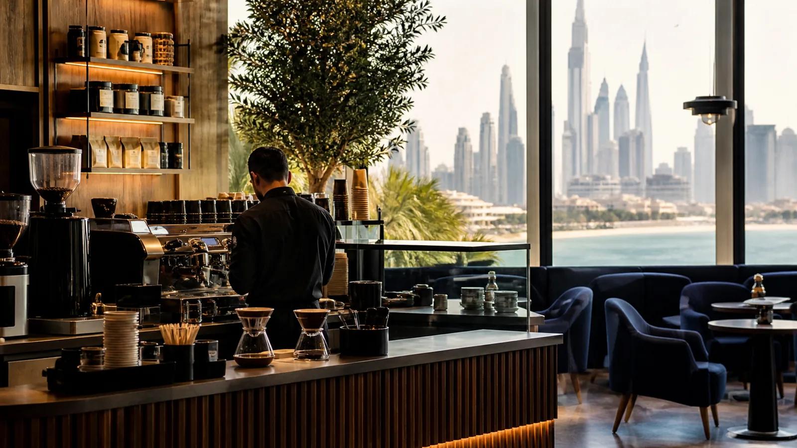 Coffee shop contemporain à Dubaï avec barista, comptoir et vue urbaine