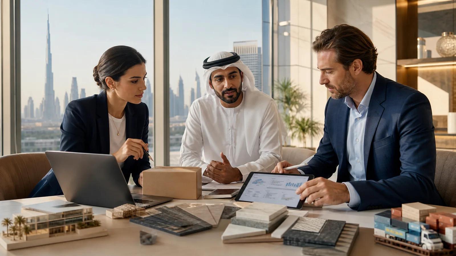 Entrepreneurs comparant plusieurs idées de business dans un bureau à Dubaï