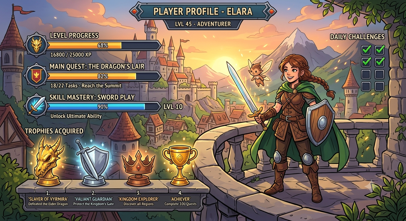 Ilustración estilo videojuego con barras de progreso y trofeos