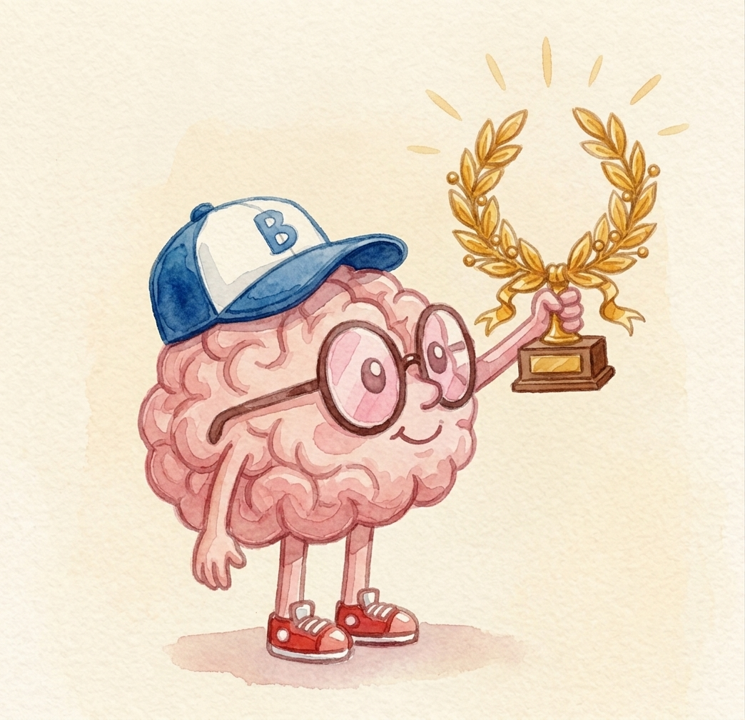 Ilustración cómica de un cerebrito siendo feliz por recibir una recompensa.