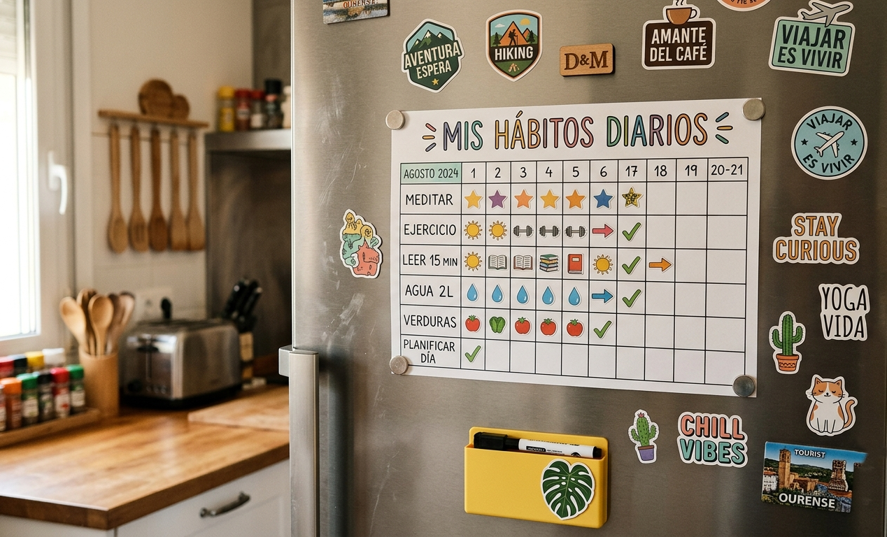 Traker de habitos pegado a la heladera de una cocina