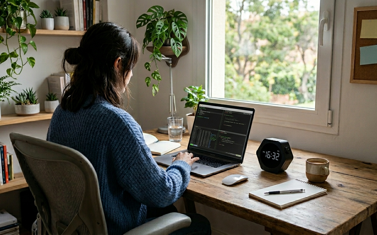 Espacio de estudio organizado, temporizador y materiales de estudio en laptop sobre un escritorio